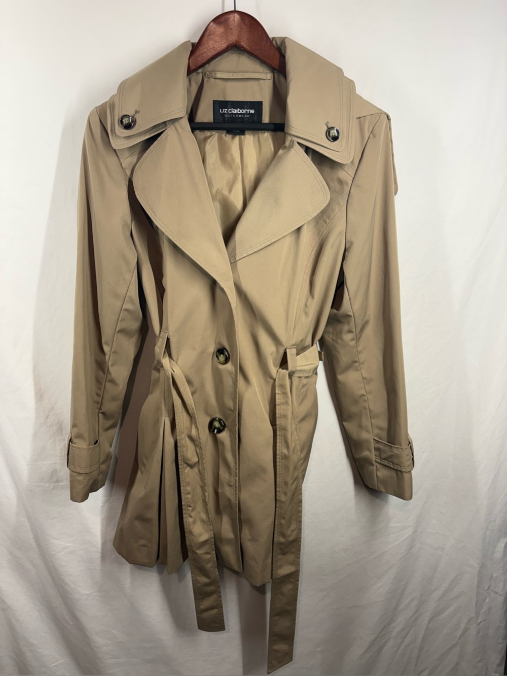Liz Claiborne Hooded Trench Coat Tan Belted Rain Jacket